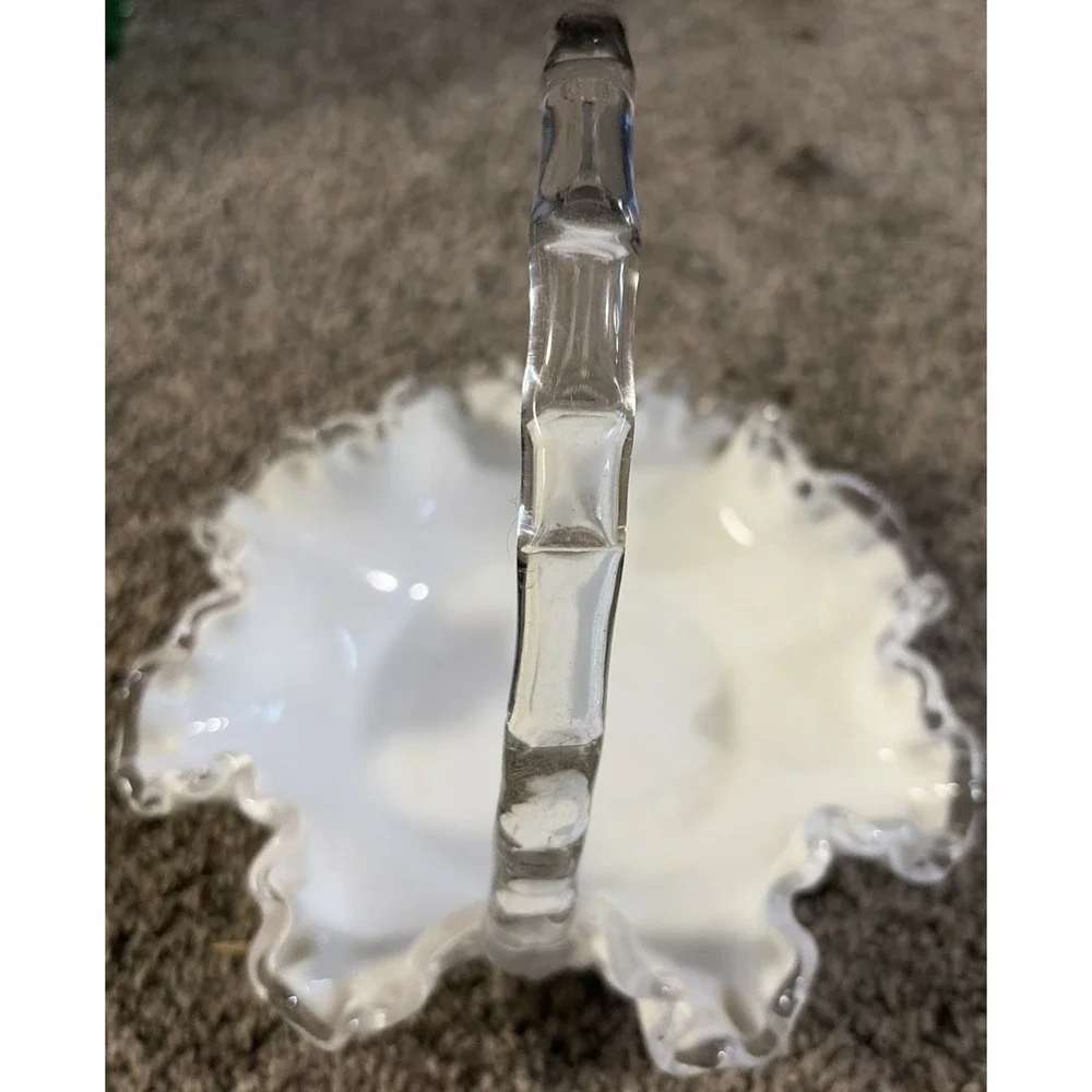 Vintage Fenton Silver Crest Milk Glass Basket Ruffled Edge Clear Glass Handle